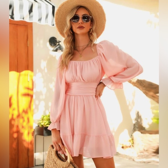 Exlura Peach-Pink Long Lantern Sleeve Ruffle Tie-Back Mini Dress size Medium - Picture 9 of 9